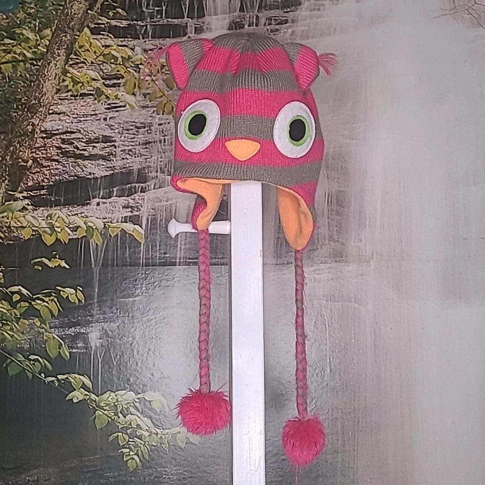 Kids Girls Owl animal winter knit hat with pom pom tassels pink gray